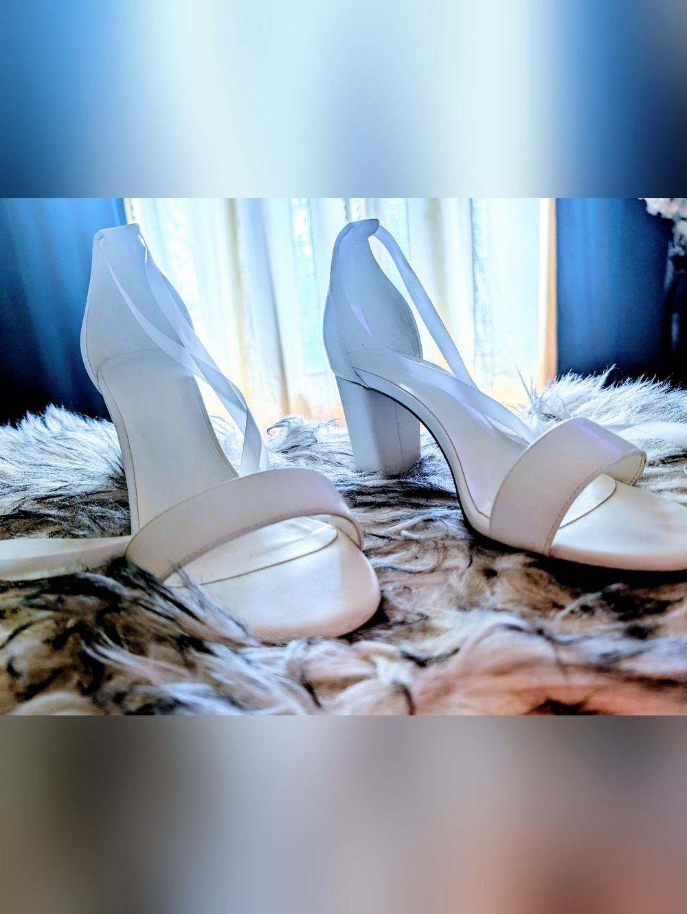 Elegant Women's White Block Heel Sandals With Ribbon Ties Size 9